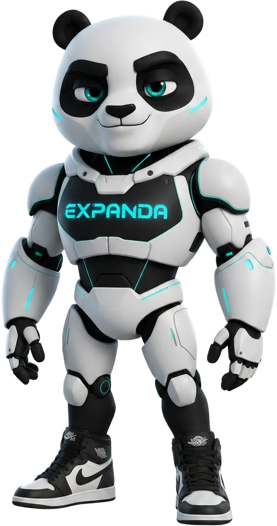 Mascote da Expanda: panda robô com o logo Expanda no peito.